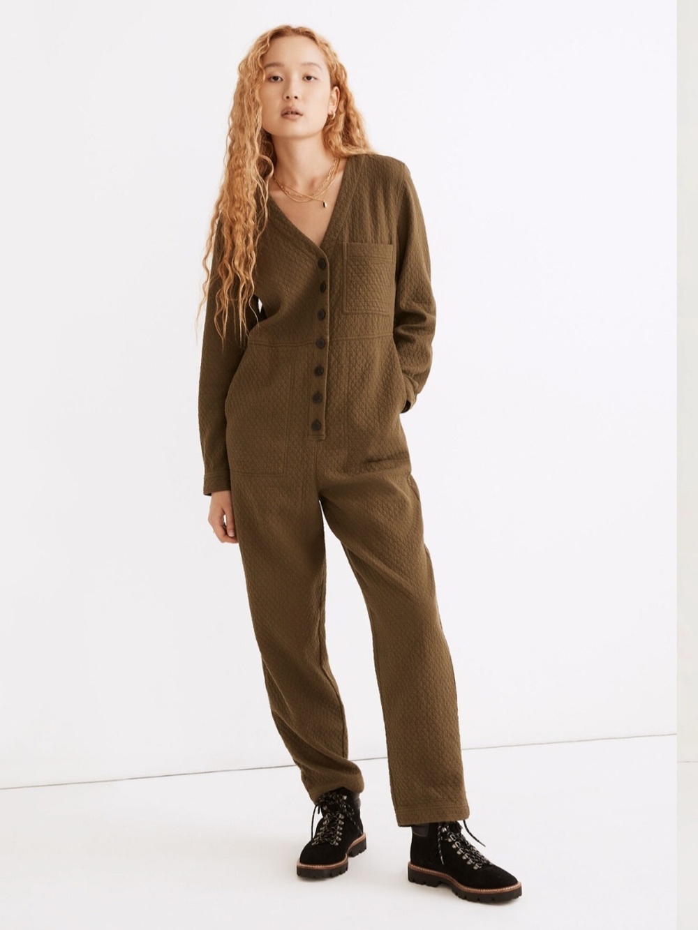 Madewell Diamond Jacquard Coverall Jumpsuit Olive Kale Green Women’s XS
